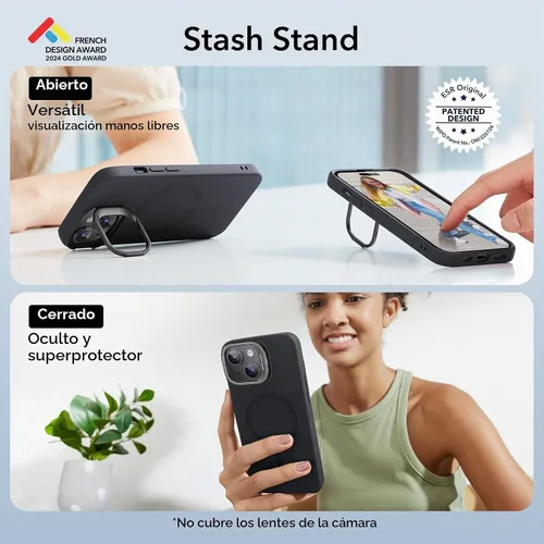Vista 3 de ESR Funda para iPhone 15 Plus, funda de silicona MagSafe con soporte, protección de grado militar, soporte integrado para guardar cámara, funda
