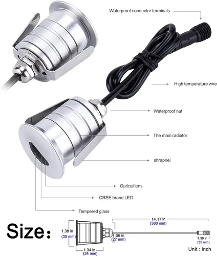 Vista 2 de Luces LED para exteriores e interiores, 1 W, 12 V-24 V CC, impermeable, IP67, aluminio, 3000 K blanco cálido, iluminación de escaleras, lámparas