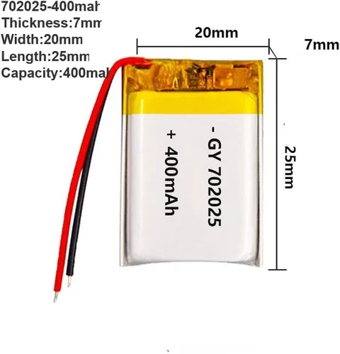 Vista 2 de Batería recargable de polímero Lipo 3.7V para pulsera inteligente LED luz (702025-400mah)