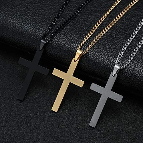Vista 2 de Juego de 3 collares de cruz de plata negra y oro liso con colgante de cruz cristiana, collar con colgante de cruz cristiana, regalos de joyería