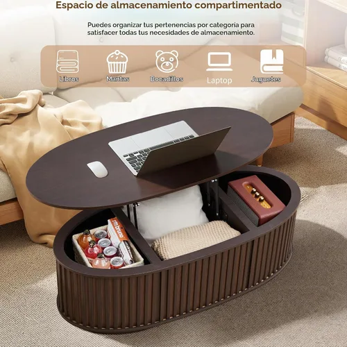 Vista 3 de Mesa auxiliar ovalada de 43.3 pulgadas con almacenamiento, mesa de centro acanalada con parte superior elevable, mesa central moderna de mediados