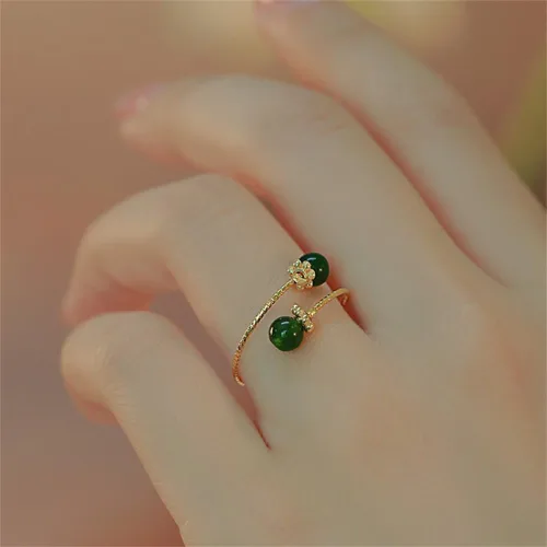 Vista 2 de Anillo abierto ajustable con bolas delicadas para mujer, chapado en oro, apilable, para boda, piedra de jade artificial, anillos de dedo de moda