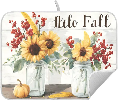 Vista 22 de Tapete de secado de platos de hojas de otoño y girasol, almohadilla absorbente de secado rápido, protector para encimera de cocina, 16 x 18 pulgadas