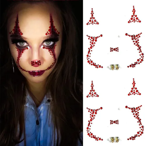 Vista 8 de 1 pieza de gemas faciales para Halloween, Día de los Muertos, tatuajes temporales de calavera con diamantes de imitación, piedras de cristal, gemas