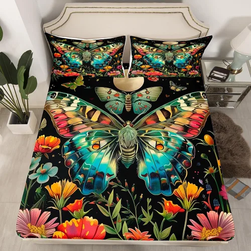 Vista 2 de Manfei Juego de sábanas bajeras de noche gótica, tamaño individual, 3 piezas, juego de sábanas rústicas de mariposa de polilla para decoración