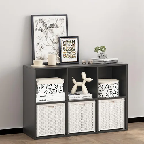 Vista 9 de Organizador de almacenamiento de 5 compartimentos de madera con panel trasero cerrado, estante de cubos negro resistente, organizador