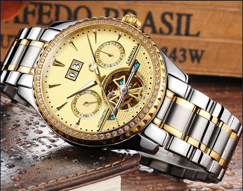 Vista 3 de CARNIVAL Mens tourbillon Multifunction Calendar Sapphire Full Gold Automatic Waterproof Watches