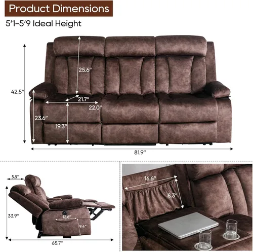 Vista 2 de GUEAPY Sofá reclinable con calor y masaje, sofá reclinable con mesa abatible, sofá reclinable de 3 plazas para sala de estar, asientos de cine