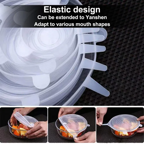 Vista 2 de 6 tapas elásticas de silicona reutilizables para almacenamiento de alimentos en el refrigerador, cubierta de microondas de vidrio para alimentos
