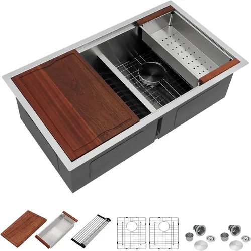 Vista 9 de Dcolora DC-U-1111 - Fregadero de cocina de 33 pulgadas con doble tazón, estación de trabajo de acero inoxidable 50/50 dividida baja dividida calibre