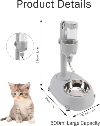 Vista 2 de Dispensador de agua para mascotas, cuenco dispensador de agua para mascotas, 2 en 1, 16.9 fl oz, multifuncional, altura desmontable con soporte
