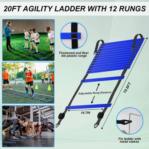 Vista 3 de Conjunto de Equipo de Entrenamiento de Agilidad y Velocidad, Escalera de Agilidad de 20 pies, 12 Conos de Fútbol, Paracaídas