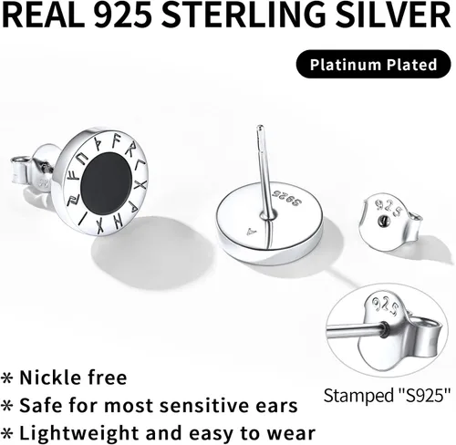 Vista 6 de ChicSilver Pendientes de tuerca de plata de ley 925 con runa vikinga de ónix negro natural para mujeres y hombres
