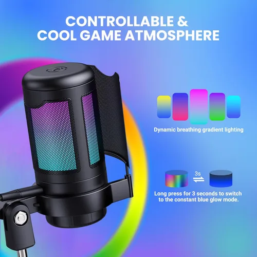 Vista 12 de Kit de micrófono USB para juegos, micrófono de condensador RGB con silencio, ganancia, soporte de brazo ajustable para monitoreo, filtro pop