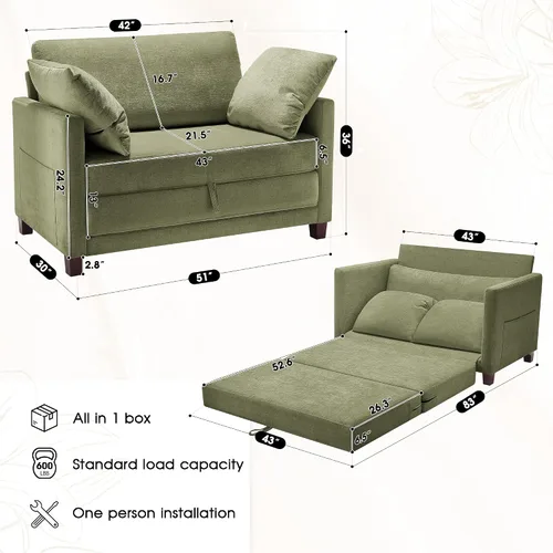 Vista 2 de Sofá cama convertible de 51 pulgadas, sofá cama plegable 2 en 1, sofá biplaza para espacios pequeños, con 2 cojines, para apartamento, sala de estar