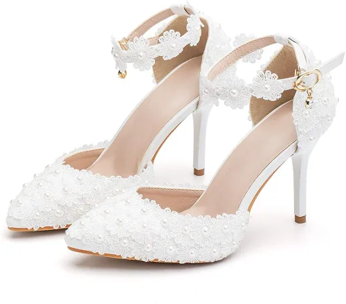 Vista 2 de Sandalias de tacón alto para mujer, con punta cerrada, con encaje floral, correa de perlas de aguja, zapatos de novia, boda, fiesta, 3.74 pulgadas