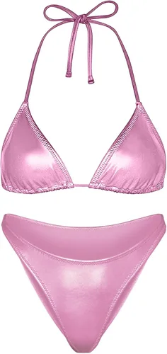 Vista 5 de Conjunto de bikini metálico para mujer, traje de baño sexy plateado con triángulo, parte superior e inferior