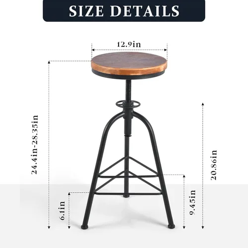 Vista 2 de Topower Taburete de bar de altura ajustable de metal de diseño industrial antiguo, silla de desayuno de comedor de cocina, taburete de madera