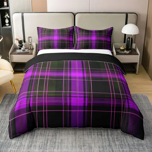 Vista 33 de Erosebridal Juego de ropa de cama de 100 % algodón a cuadros para niños y niñas, funda de edredón a cuadros, funda de edredón moderna geométrica