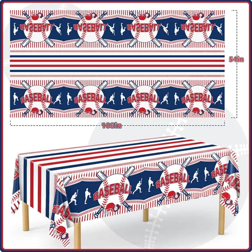 Vista 2 de Miucat Mantel de béisbol de 3 piezas, mantel de mesa y decoración de fiesta, mantel de plástico desechable, rectangular para juegos de béisbol