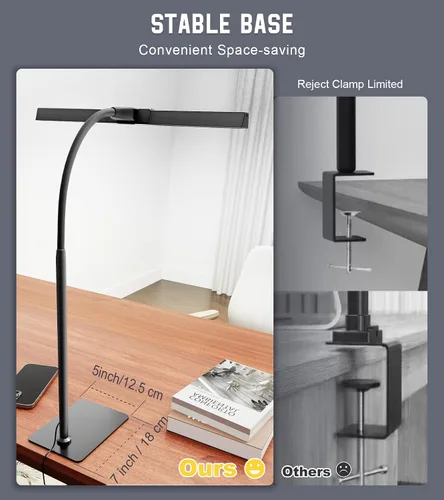 Vista 8 de Lámpara de escritorio para oficina en casa con base, luz de escritorio con cuello de cisne ajustable, adaptador USB de 12 W, control táctil, 5