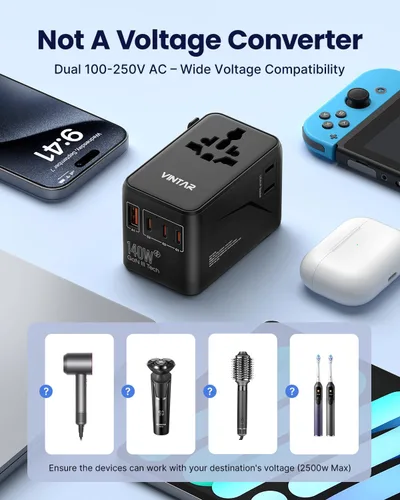 Vista 7 de VINTAR Adaptador de viaje universal GaN de 140 W para Europa/Reino Unido/US 140W negro