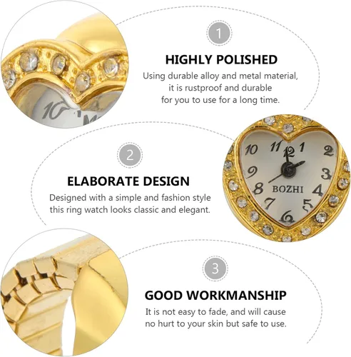 Vista 4 de Mikikit Reloj de anillo para mujer, reloj de dedo elástico con sincronización precisa, forma de corazón, reloj de dedo de cuarzo, reloj de anillo