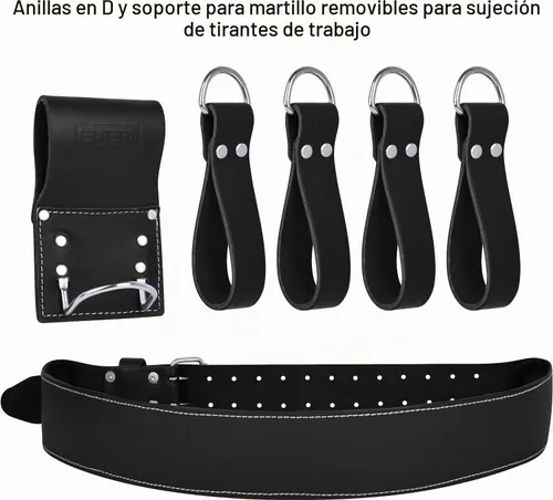 Vista 4 de FUERI Cinturón de herramientas de cuero con tirantes, bolsas de servicio pesado, bolsas para herramientas para hombres, carpinteros, construcción