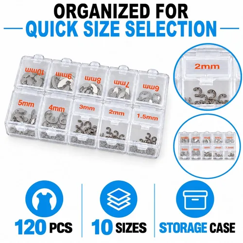 Vista 2 de E Clips Surtido Kit de 120 piezas de anillos de retención externos (M1.5-M10), 10 tamaños de anillos a presión, colección de anillos de retención