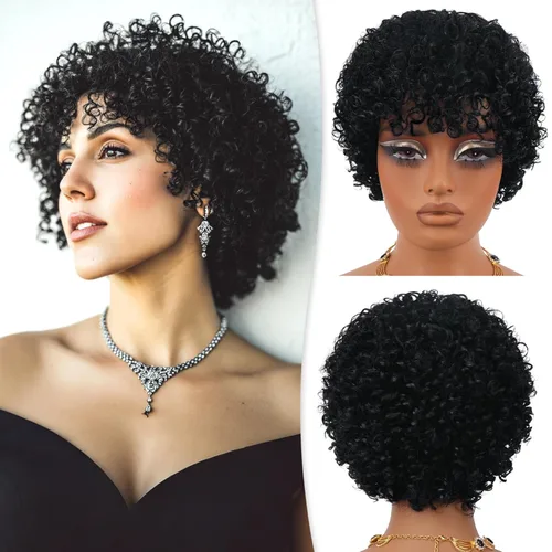Vista 16 de RUWISS Peluca de cabello humano con corte Pixie, peluca de cabello humano con flequillo, peluca negra corta natural en capas, ondulada