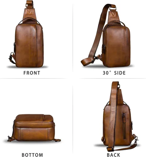 Vista 5 de IVTG Bolso bandolera de cuero genuino para hombres y mujeres, mochila vintage de cuero real, bolso cruzado de hombro, bolso de pecho