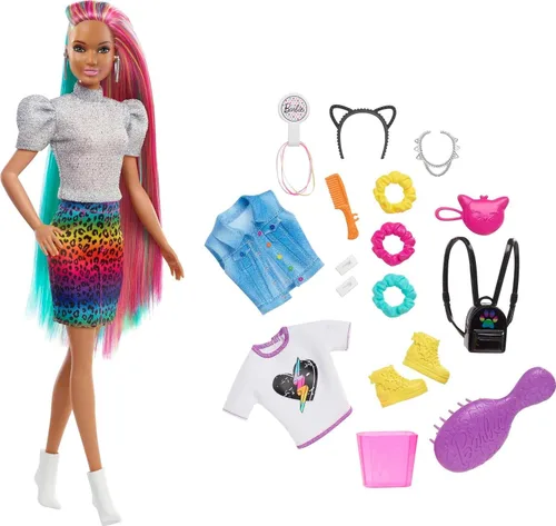 Vista 8 de Barbie Muñeca de pelo arcoíris de leopardo con reflejos que cambian de color y 16 accesorios de estilo, incluyendo ropa, coleteros, cepillo y más