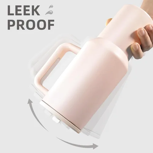 Vista 2 de Botella de agua de acero inoxidable de 40 onzas con asa, popote abatible, tapa y base de goma aislada - Tazón con aislamiento al vacío a prueba