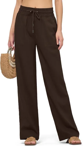 Vista 30 de Willit Pantalones de lino para mujer, pantalones palazzo de pierna ancha Khaki - Actualización