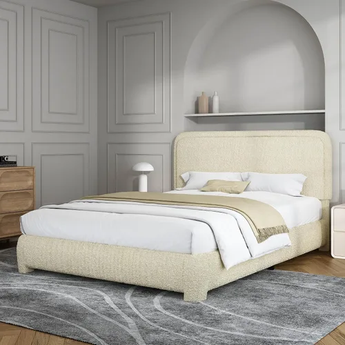 Vista 18 de Base de cama individual, cabecera Cloud Boucle, esquinas redondeadas, color beige