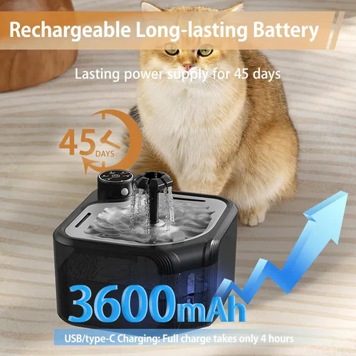 Vista 6 de Fuente de agua para gatos inalámbrica con 4 filtros de repuesto de 108 oz/3.2 L, fuente de agua para mascotas, funciona con pilas, con bandeja