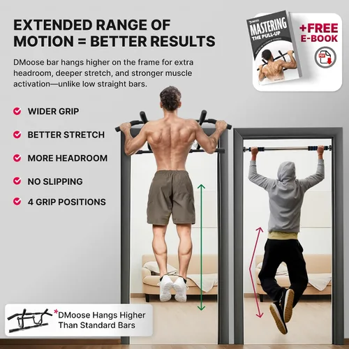Vista 3 de DMoose Fitness Barra de dominadas para puerta – Capacidad de hasta 250 libras, sin atornillar ni deslizarse, dominada colgante y barra de barbilla