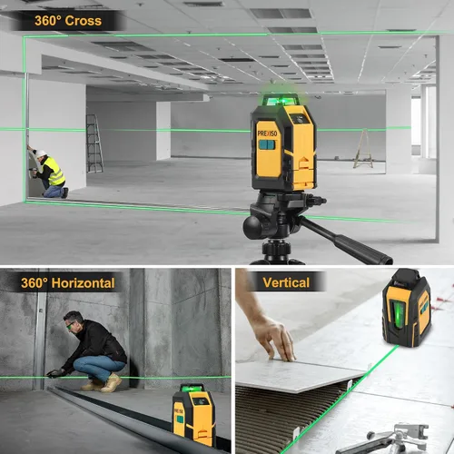 Vista 2 de PREXISO Nivel láser de 360° con trípode, nivelador de línea cruzada de 100 pies, nivel láser de línea horizontal verde autonivelante