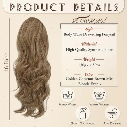 Vista 2 de BARSDAR Cola de caballo corta ondulada con cordón, extensiones de cabello sintético de 16 pulgadas con clip, mezcla de marrón ceniza