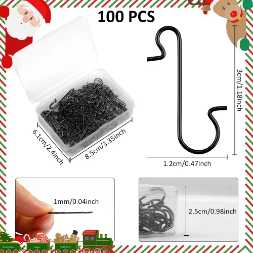 Vista 3 de 100 unidades de ganchos para adornos de Navidad - Ganchos negros para decoración de árbol de Navidad