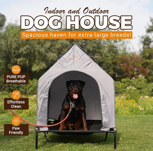 Vista 5 de Casa para perros al aire libre con toldo en el techo, cama elevada con ventanas de malla de 16.1 x 9.4 x 6.7 in/12.6 lbs - Refugio resistente a