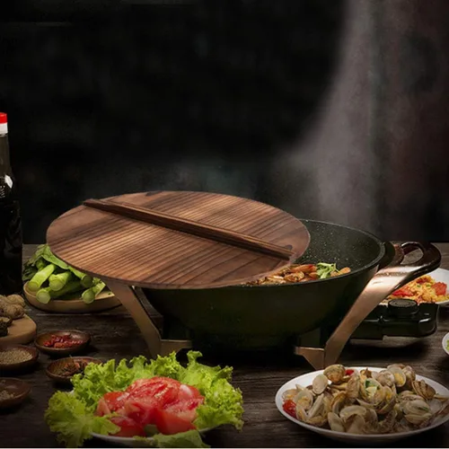 Vista 2 de Cabilock Tapa de olla de madera, protector de salpicaduras de aceite para cocinar, diseño elegante que retiene el vapor evita quemaduras