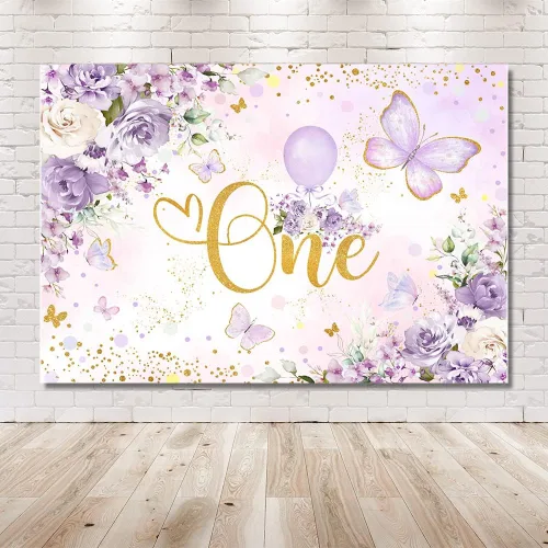 Vista 6 de MEHOFOND Telón de fondo de cumpleaños de un año para niñas de 7 x 5 pies, diseño floral morado, fondo de fotografía de Little Miss Onederful