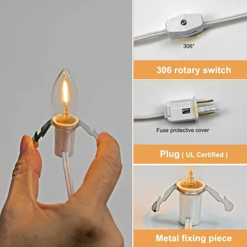 Vista 3 de KGC Cable de Accesorios C7 con 2 Bombillas LED C7 Base Candelabro E12 con Casquillo, Cable Blanco con Interruptor de Encendido/Apagado y Enchufes