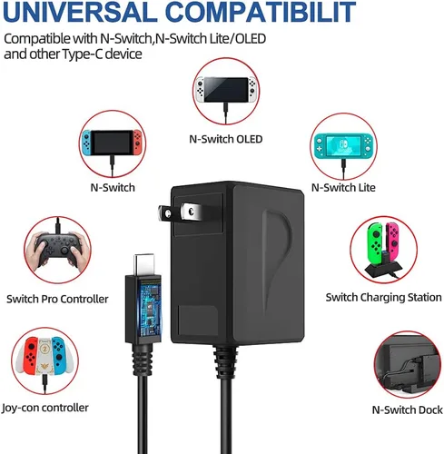 Vista 2 de Prodico Cargador para Nintendo Switch, cargador de viaje rápido compatible con Nintendo SwitchSwitch LiteSwitch OLEDSwitch Dock