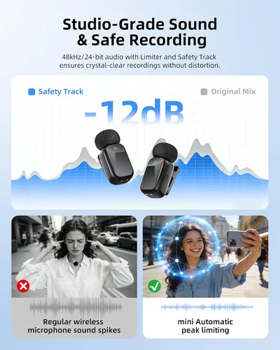 Vista 4 de Mini micrófono inalámbrico Lavalier para iPhone y cámara Android, micrófonos inalámbricos de doble canal con cancelación de ruido AI, rango de 328