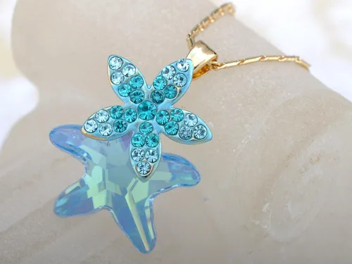 Vista 2 de Alilang Collar de moda con elemento de estrella de mar de zafiro claro y aguamarina, Metal