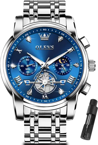 Vista 20 de OLEVS Relojes para hombre de plata, reloj de cronógrafo de acero inoxidable para hombre, reloj analógico de cuarzo de cara grande para hombre