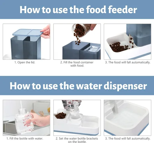 Vista 5 de Yummy Sam Alimentador automático para mascotas pequeñas y dispensador de agua, 2 en 1 por gravedad para gatos, juego de comedero automático para Azul