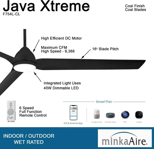 Vista 2 de Minka Aire F754L-CL Java Xtreme Ventilador de techo para exteriores de 84 pulgadas con luces LED y control remoto, carbón